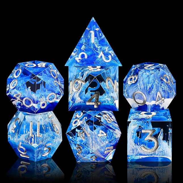 AUSTOR 7-Die DND Dice Set Handmade Sharp Edge Polyhedral Dice for Dungeons and Dragons D&D RPG MTG Table Games（Blue & Wave, Silver）