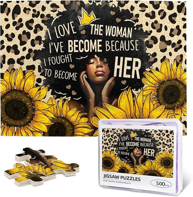 African American Jigsaw Puzzles 500 Pieces for Adults, Sunflower & Leopard Print Art, Black Woman Wooden Puzzle for Stress Relief, Challenging Brain Teaser & Home Decor