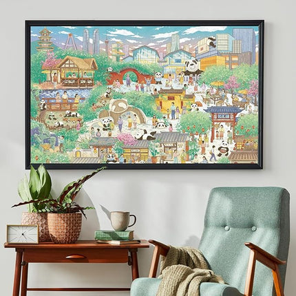 MOMIBOOK Puzzles for Adults 1000 Pieces Jigsaw Puzzles of Chengdu Panda Guide, Painting Image Chinese Difficult Challenging Hard Impossible Puzzle Unique Funny Party Christmas Birthday Gifts