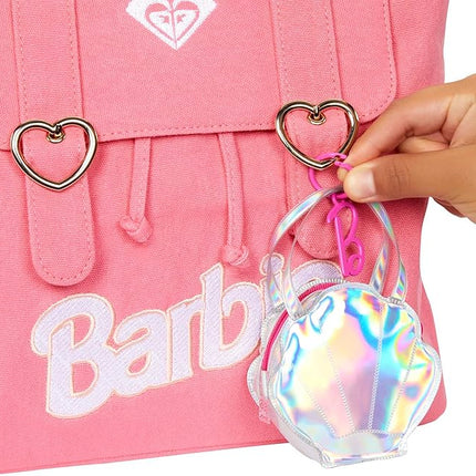 Barbie Clothes Set, Beach-Themed with Swimsuit, 5 Acessories & Zippered Doll-Sized Shell-Shaped Bag with Clip-On Ring, Iridescent