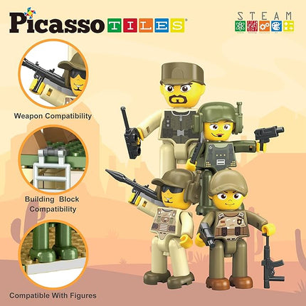 PicassoTiles Magnet Tile Building Brick Blocks Military Combat Force Theme Magnetic Tiles Construction Block Playset 4 Character Action Figures with Weapons Interlocking Bricks STEM Toy Ages 3+ PTL18