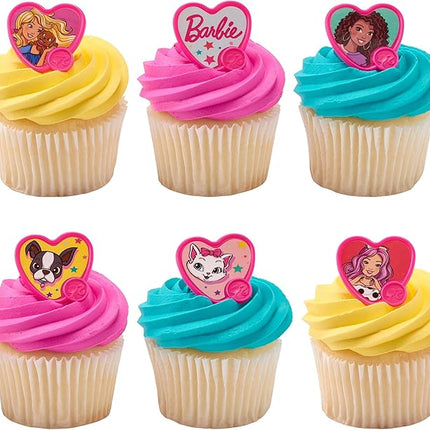 DecoPac Barbie Be The Future Rings, Pink Heart Shaped Cupcake Decorations Featuring Barbie and her Friends For Birthday Party And Celebrations - 24 Pack