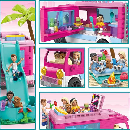 MEGA Construx Barbie Kids Building Toy Set, Dream Camper Adventure with 580 Pieces, 4 Micro-Dolls, Barbie Pets and Accessories, Pink, Ages 6+ Years