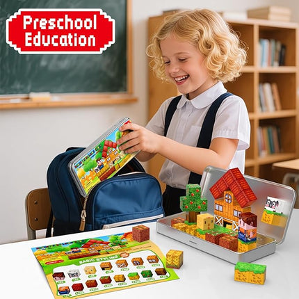 Farm Animal Magnetic Building Blocks Travel Toys, 35PCS Magnetic Cubes for Kids 3-8, Portable STEM Building Tiles with Metal Storage Box, Toddler Learning Toys for Ages 3-5，Fun Gifts, Classroom Prizes