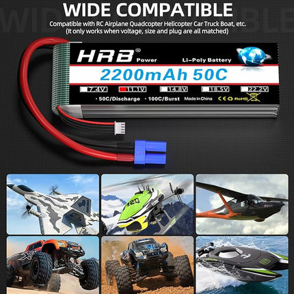 HRB 2pcs 3S 2200mAh Lipo Battery EC3 50C Shorty 11.1V RC Lipo Battery Compatible with RC Car RC Airplane RC Truck RC Boat