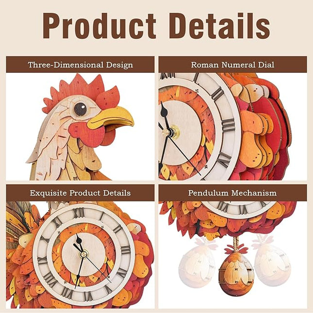 3D Wooden Puzzles for Adults Chicken Clock - Model Building Kit ‌‌Hen Clock Puzzle Creative Craft Gift Home Deco for DIY Enthusiasts, Brain Teaser Building Set Birthday Gifts