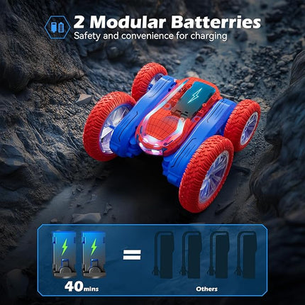 Remote Control Car, Spider RC Cars Toy for Boys Girls Kids 4-6 7-12, 360 Rotating and Double Sided, LED Lights, Music, 2Modular Batteries 40Mins, Gifts for Birthday Christmas
