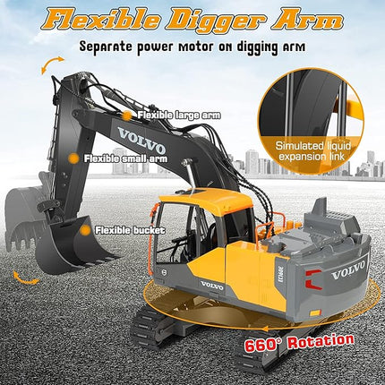 DOUBLE E Volvo RC Excavator 17 Channel 3 in 1 Construction Toys, 17 Channel Remote Control Vehicles Tractor Sandbox Toys Digger with Metal Shovel Drill Grab RC Truck for Kids Adults
