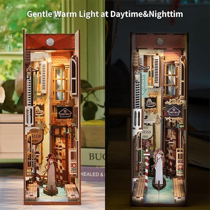 Tonecheer DIY Book Nook Kit for Adults, 3D Wooden Puzzle Bookend Bookshelf Insert Library Decor, Booknook Miniature House Kit with Body Motion Sensor LED Light (Travel in Venice)