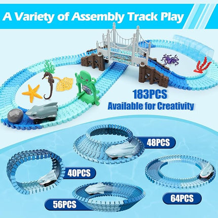 VATOS Track Toys 183 Pcs Shark Race Car Toys for Boys Girls 3 4 5 6 7 9 Year, Bendable Flexible Racetrack Cars with Shark & Ball, Ocean Theme Train Toys, STEM Educational Playset Birthday Gift