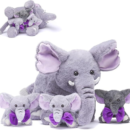 IKASA Mommy Elephant Stuffed Animal Mom and Baby Plush Toy, Cute 17" Soft Small Mama Family Set Cuddly Toy with Little Mini Babies,Gifts for Kids