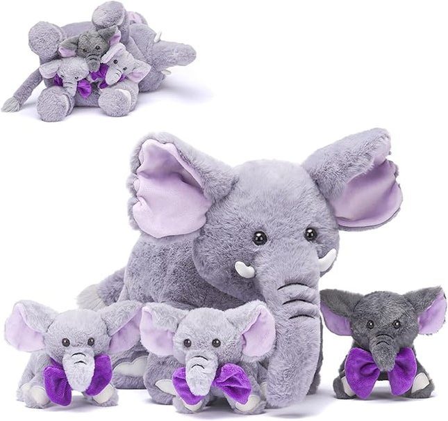 IKASA Mommy Elephant Stuffed Animal Mom and Baby Plush Toy, Cute 17" Soft Small Mama Family Set Cuddly Toy with Little Mini Babies,Gifts for Kids