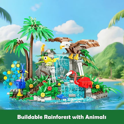 Rainforest Animal Building Set - 898PCS Jungle Theme Building Toy with Waterfall & Botanicals, Animal Sets Eagle, Flamingo & Peacock, STEM Educational Gift for Adults