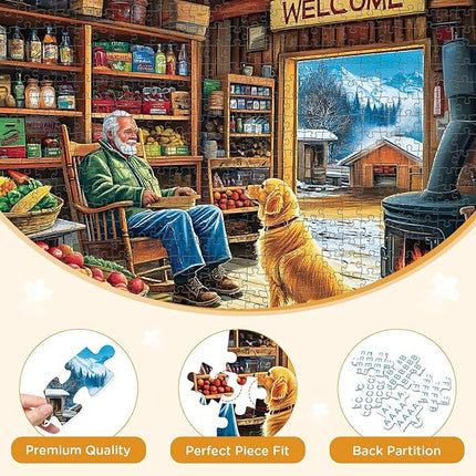 500 Pieces Puzzle for Adults, Country Shop Puzzle for Adults Children, Elder Man and Golden Dog Jigsaw Puzzle 500 Pieces, Fun and Challenging Family Game Great Gift Idea 20.5 * 15 in