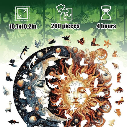 Wooden Puzzles for Adults, Sun and Moon Wood Puzzles 200 Pieces, Irregular Animal Shaped Unique Wooden Jigsaw Puzzles, Creative Ghristmas Gift for Teenagers and Adults