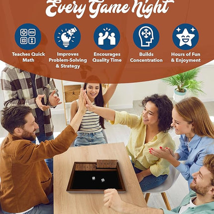 WE Games Wooden Shut The Box - Close The Box Set with 12 Number Tiles & 2 Dice Games - 13.5” Walnut Stained Finish