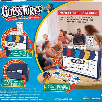 Hasbro Gaming Guesstures Game, Charades Games for 4 or More Players, Includes Customizable Cards and Clapper, Family Party Game for Ages 8 and Up