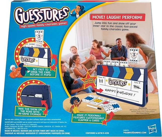 Hasbro Gaming Guesstures Game, Charades Games for 4 or More Players, Includes Customizable Cards and Clapper, Family Party Game for Ages 8 and Up