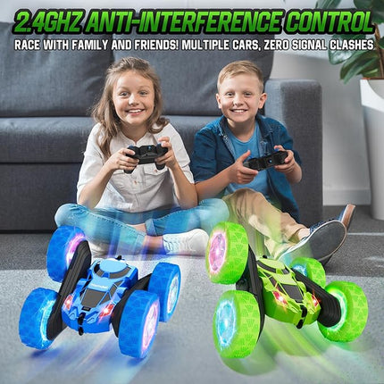 Remote Control Car, Double Sided 360°Rotating 4WD RC Cars with Headlights 2.4GHz Electric Race Stunt Toy Car Rechargeable Toy Cars for Boys Girls Birthday (Green)