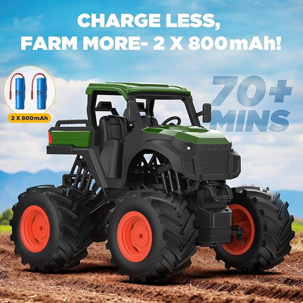 1:16 Remote Control Tractor Toy, RC Monster Truck Toys, 2.4GHz Farm Cars with 2×800mAh, LED Lights, Realistic Working Sounds, Green Toy Vehicle Birthday Gift for Kids Boys Girls 4-12 Year Old