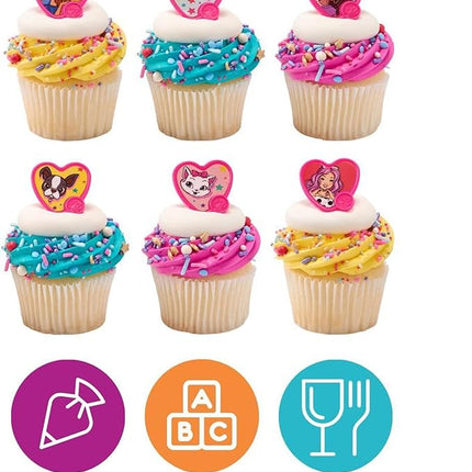DecoPac Barbie Be The Future Rings, Pink Heart Shaped Cupcake Decorations Featuring Barbie and her Friends For Birthday Party And Celebrations - 24 Pack