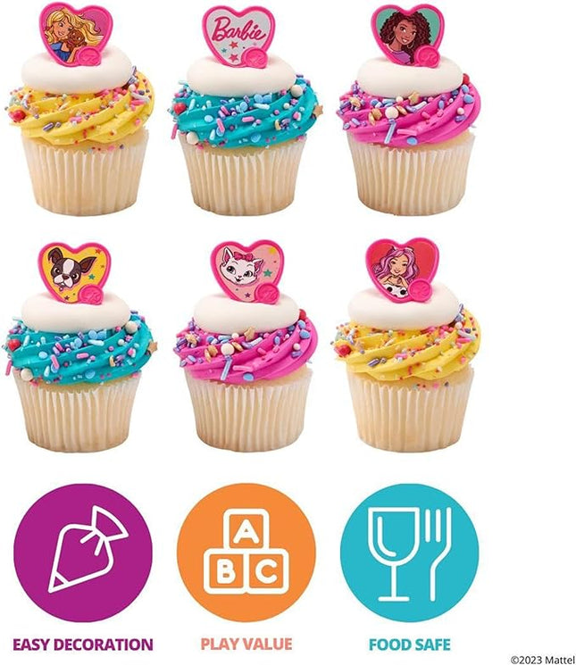 DecoPac Barbie Be The Future Rings, Pink Heart Shaped Cupcake Decorations Featuring Barbie and her Friends For Birthday Party And Celebrations - 24 Pack