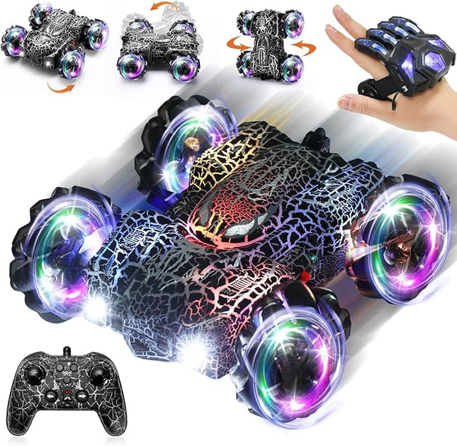 Hand Controlled Remote Control Car, 2.4Ghz Gesture Sensing RC Stunt Car with Wholebody Light & Headlight, Rechargeable 360° Rotating Double Sided RC Cars Black Spider Toys for Boys 4-6 5-7 8-12