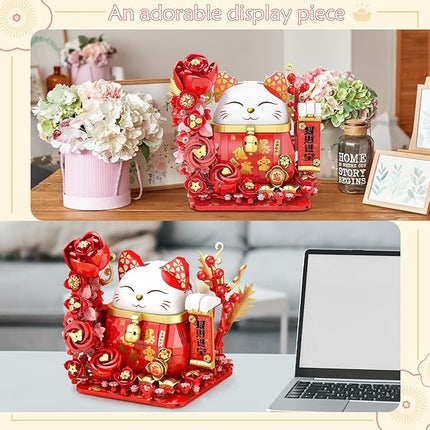 Lucky Cat Building Block Set, Compatible with Lego Cat, 868Pcs Cute Fortune Cat with Flowers Building Blocks, Christmas Birthday Creative Gift for Girls Boys Adult (Red Cat)