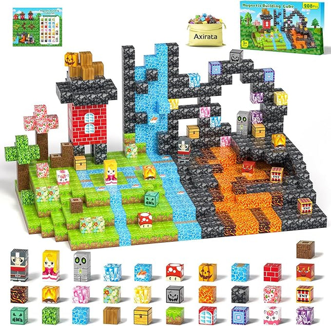 Axirata 208 PCS Magn-etic Building Blocks, Magn-etic Block Building Cubes Set for Kids Toddlers Ages 3+, STEM Sensory Toys Mag-net Tiles Birthday Gifts for Boys and Girls Age 3 4 5 6 7 8 9 10 11 12+