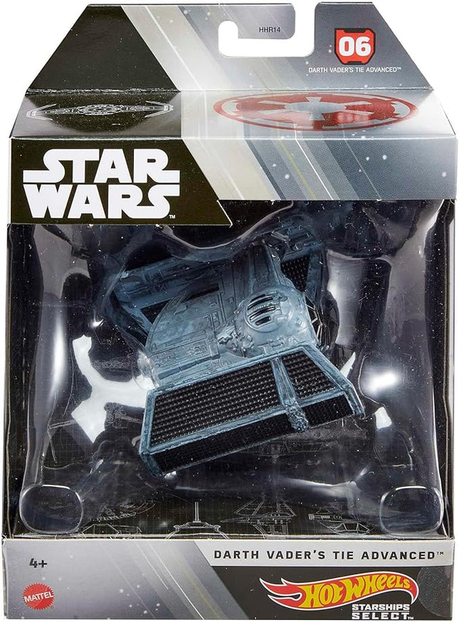 Hot Wheels Star Wars Starships Select Premium Diecast Darth Vader's TIE Advanced, Includes 1 Vehicle, 1 Display Stand