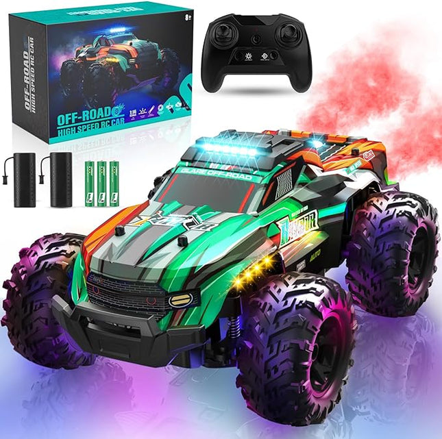 BLUEJAY Remote Control Car, 1:16 All Terrain High Speed RC Cars Truck for Boy, Rechargeable Monster RC Truck with Cool LED Lights & Spray, RC Cars Toys Gifts for Adults Kids Boys Girls 4-7 8-12