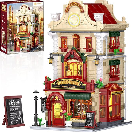 Bordeaux Wine Club Construction Building Set with LED Lights, City Town Winery Chateau House Building Kit, Vintage Collectible Model, Creative Christmas Birthday Gift for Adult Teen,1524 Pcs
