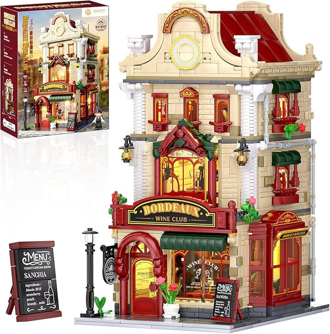 Bordeaux Wine Club Construction Building Set with LED Lights, City Town Winery Chateau House Building Kit, Vintage Collectible Model, Creative Christmas Birthday Gift for Adult Teen,1524 Pcs