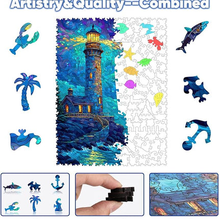 Leodozzio Wooden Puzzles for Adults, Lighthouse Jigsaw Puzzles 500 Pieces-5MM Thickness, 12.2x16.1 Inch, Unique Shaped Wooden Puzzle, Birthday Gift Family Game