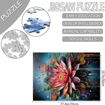 Lotus Flower Jigsaw Puzzles 1000 Pieces for Adults, Families (Water Lily,Tropical Floral,Blossom) Pieces Fit Together Perfectly 19.7''x27.6''inch Graffitic Wildflower Frameable Magic Puzzle Art（Red）