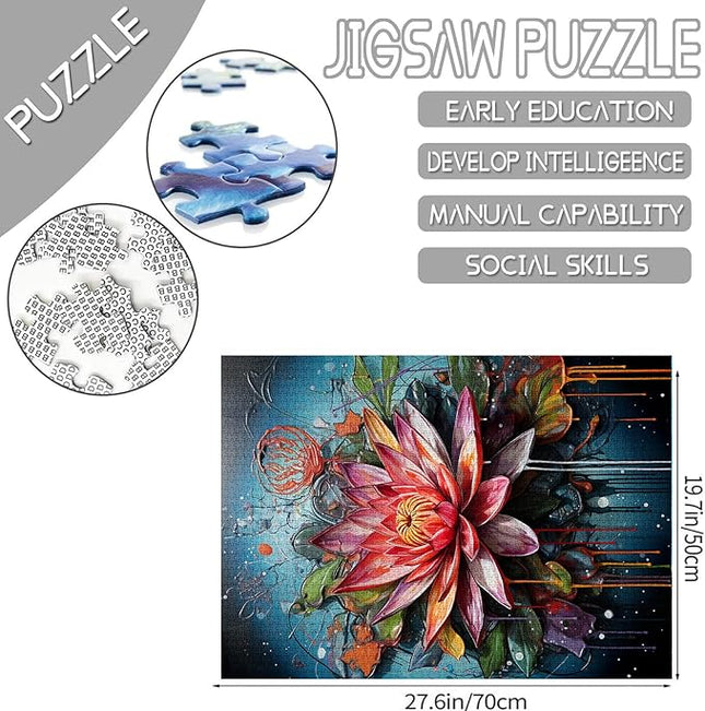 Lotus Flower Jigsaw Puzzles 1000 Pieces for Adults, Families (Water Lily,Tropical Floral,Blossom) Pieces Fit Together Perfectly 19.7''x27.6''inch Graffitic Wildflower Frameable Magic Puzzle Art（Red）