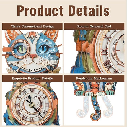3D Wooden Puzzles for Adults Cat Clock - Model Building Kit Clock Puzzle Creative Craft Gift Home Deco for DIY Enthusiasts, Brain Teaser Building Set Birthday Gifts