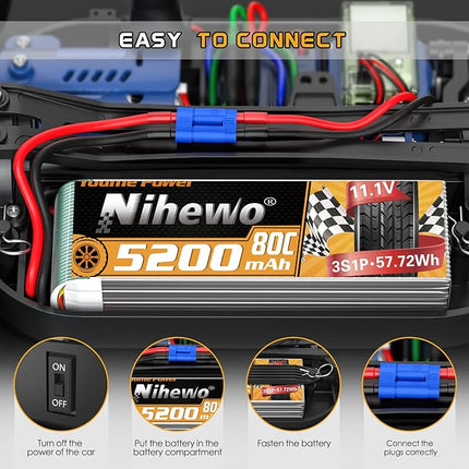 2Packs 3S Lipo Battery, RC Lipo Battery 11.1V 5200mAh 80C EC5 Connector Compatible with Arrma Axial 1/8 1/10 RC Car Truck Truggy Vehicles Tank Boat Airplane Helicopter Models