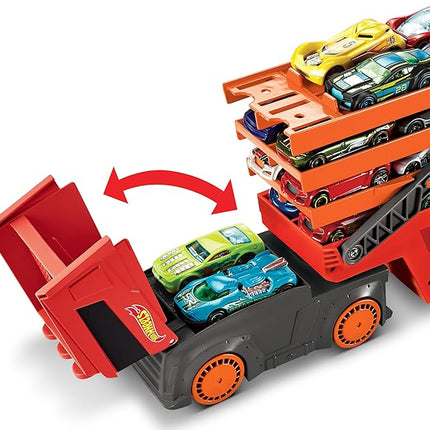 Hot Wheels Toy Car Track Set, Mega Hauler with 6 Expandable Levels, Storage for Up to 50 1:64 Scale Vehicles, Connects to Other Sets & Tracks
