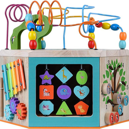Teamson Kids Preschool Play Lab 7-in-1 Large Wooden Activity Cube Station Center Bead Maze and Counting for Kids Baby Toys, Natural