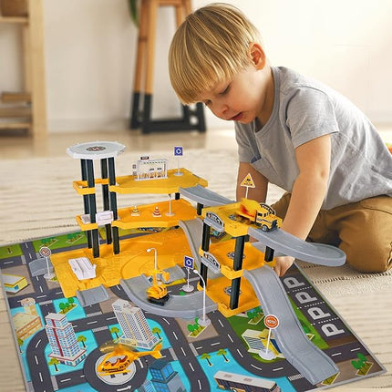 Toysical Construction Playset - Complete Parking Garage Toy Playset with Vehicles, Helicopter, Mini Figures, Road Setup, Floor Map - Construction Toys for Boys and Girls - Boys Toys Age 4-6