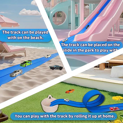 Flex Track 15 Ft Starter Set – Flexible Race Car Ramp Track for Kids, Double-Sided Racetrack for 1:64 Diecast Cars, Compatible with Hot Wheels, Ages 3 & Up with Suction Cups，Blue