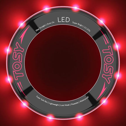 TOSY Flying Ring - 12 LEDs, Super Bright, Lost Mode, Auto Light Up, Camping Essentials for Kids/Teens/Boy/Girl, Safe & Soft, Waterproof, Pool/Beach Games, Lightweight Toy (Red)