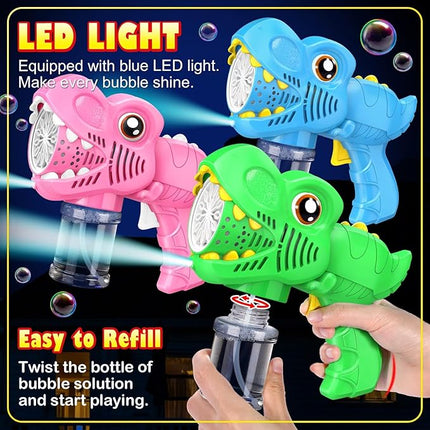 3 Pack Bubble Mahine Gun - Dinosaur Bubbles Blower with LED Light Outdoor Toys for Ages 4-6 Boys Girls Gift for 3 4 5 6 7 8 Year Old Kids Easter Basket Stuffers Valentine Birthday (Green+Blue+Pink)