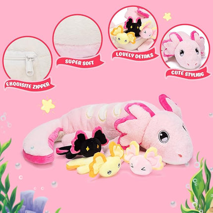 IKASA Mommy Axolotl Stuffed Animal Mom and Baby Plush Toy, Cute 20.5" Soft Small Mama Family Set Cuddly Toys with Little Mini Babies,Gifts for Kids