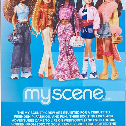 Barbie Signature My Scene Jai Doll and Accessories, Black Braids, Y2K-Inspired Outfit with Pink Top, Vinyl Jacket, Floral Flare Pants and Doll Stand