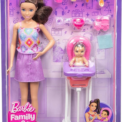 Barbie Skipper Babysitters, Inc. Playset with Brunette Doll, Brunette Toddler Doll, High Chair & 8 Accessories Including Food