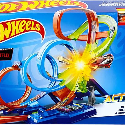 Hot Wheels Track Set with 4 Loops, 3-Way Crash Zone & Motorized Booster, Folds for Storage, with 1:64 Scale Toy Car