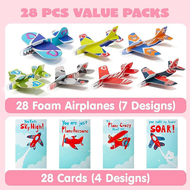 JOYIN 28 Pack Valentines Day Gifts Cards, Valentine's Greeting Cards for Kids with Foam Airplanes Classroom Exchange Party Favor Toy