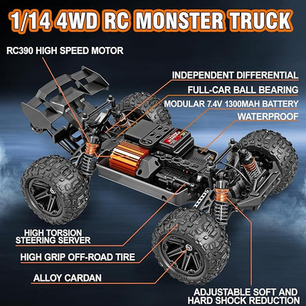 Rc Cars 1:14 All Terrain RC Car for Adults & Boys, 4WD Off-Road RC Truck High Speed Fast 40+ KPH, 4X4 Waterproof Remote Control Car with 2 Rechargeable 1300 mAh Batteries